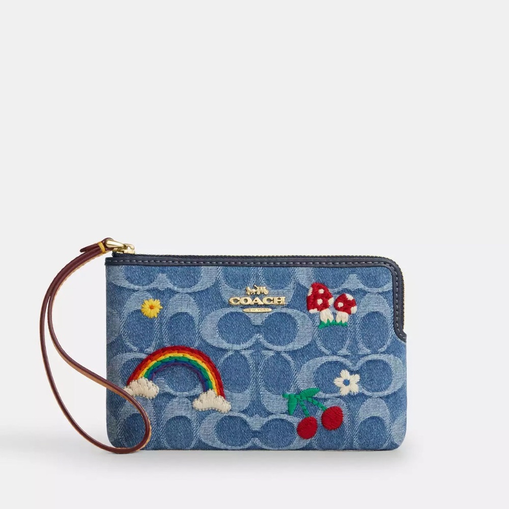 Coach Corner Zip Wristlet In Signature Denim